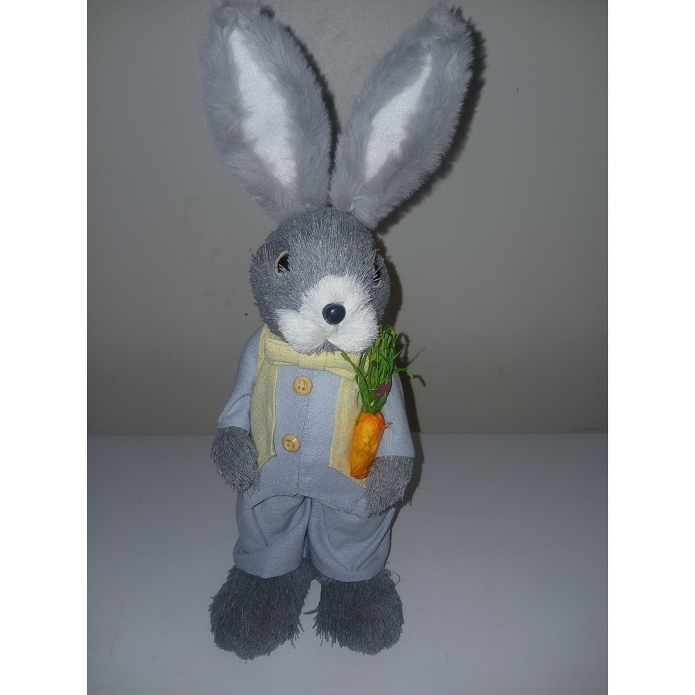 13" Standing Gray Easter Bunny Rabbit Figure Holding Carrot Spring Farmhouse Tab